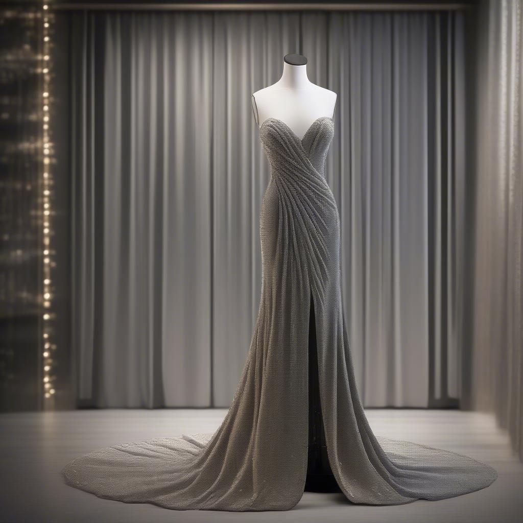 Experience the opulence and refinement of a high-fashion bridal gown, elegantly showcased on a mannequin. Perfect for your special day or a themed event.