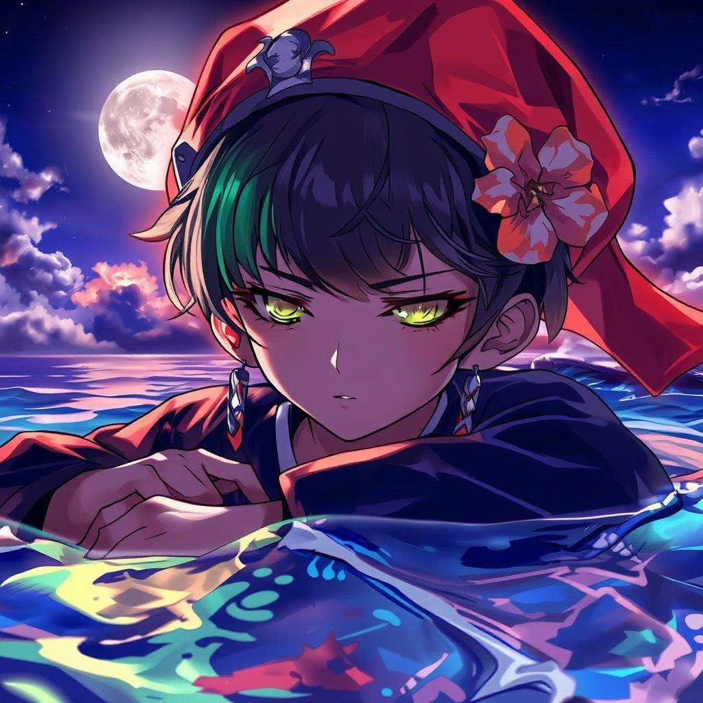 A tranquil anime scene of a young girl, kemonomimi, peacefully lying on the shore under the soft glow of a full moon. The ocean's gentle waves and the star-filled sky create a calm atmosphere that is perfect for relaxation.