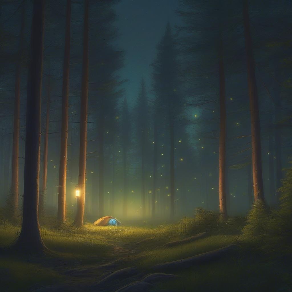 A tranquil night in the woods, with a cozy campfire casting a warm glow on a tent nestled among tall trees. This image captures the essence of solitude and connection with nature.