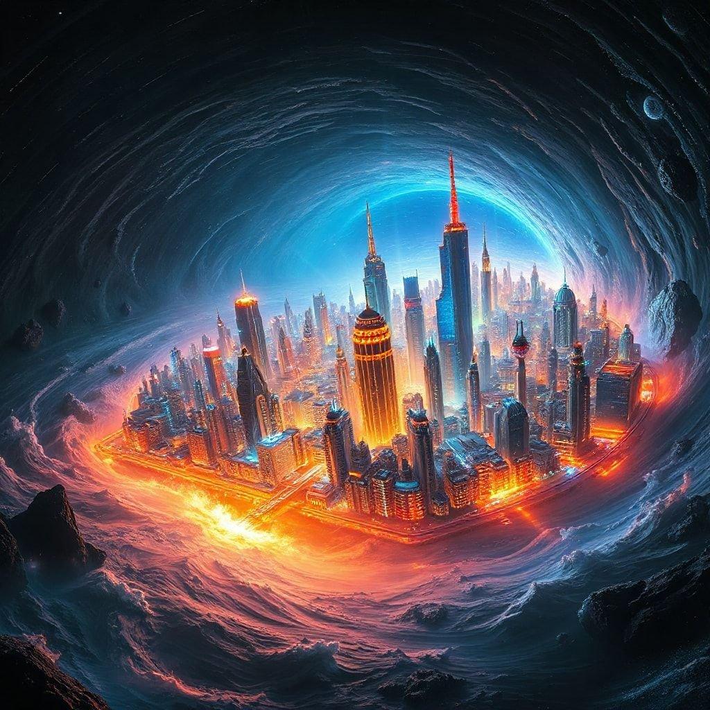 Experience the futuristic vision where the skyline of New York City is seamlessly integrated into a subterranean landscape. This sci-fi image showcases a breathtaking blend of urban architecture within an otherworldly cavern, creating a surreal cityscape that defies gravity and the laws of physics.