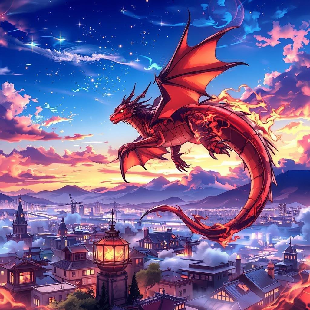 A stunning anime-style illustration of a dragon soaring over a cityscape at sunset, surrounded by a celestial canvas of glittering stars.