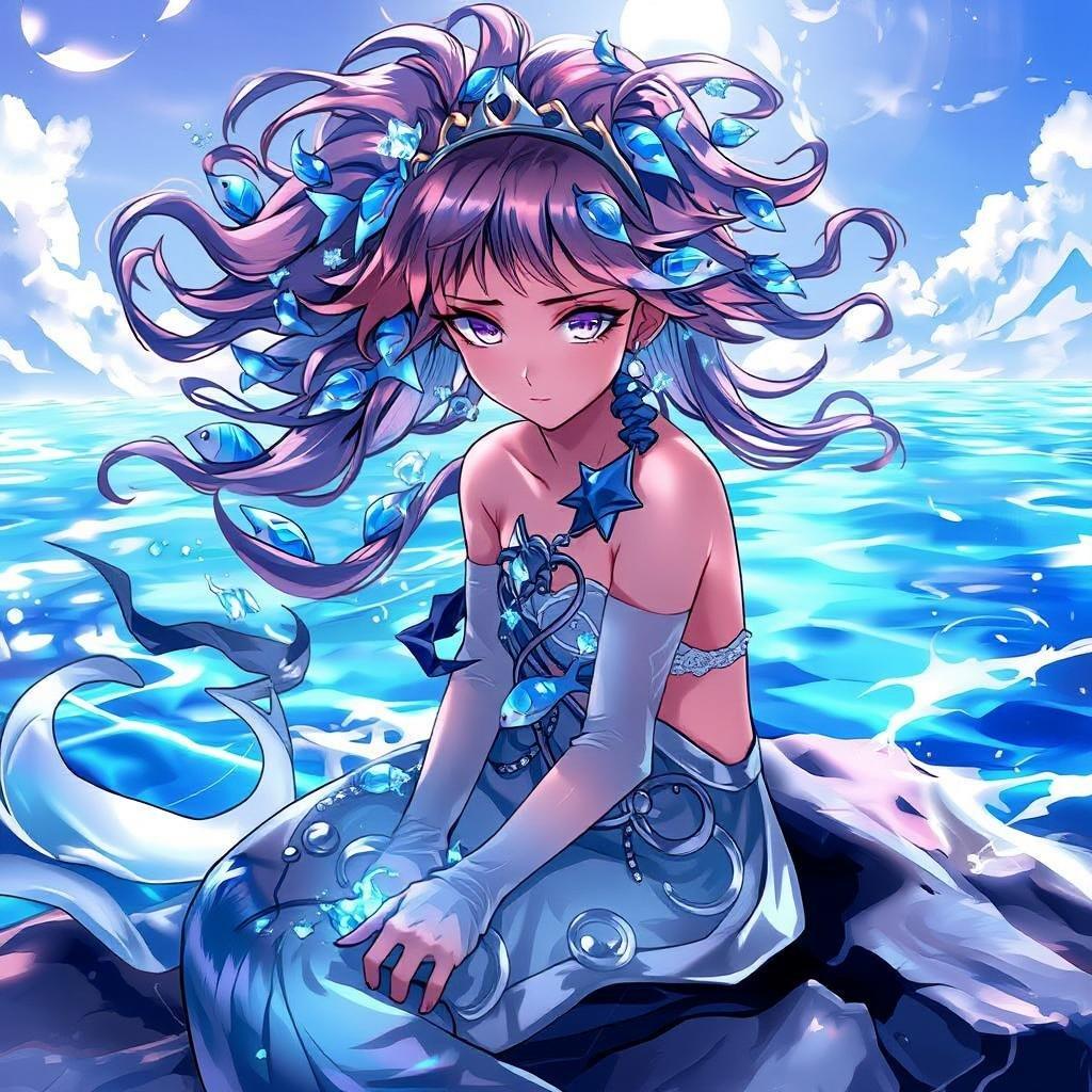 This enchanting anime illustration features a charming mermaid princess with hair that resembles a sparkling blue fish cascade, sitting on a rocky shoreline. The serene background, a deep blue ocean, and a bright sky, creates a fantasy-filled scene.