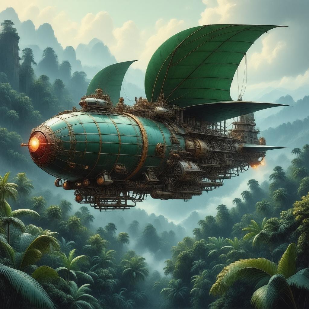 Immerse yourself in a world of fantasy and adventure with this stunning steampunk airship soaring above a vibrant jungle. The intricate details and glowing red body of the airship create a sense of wonder and excitement, while the lush foliage below adds a touch of natural beauty to the scene.