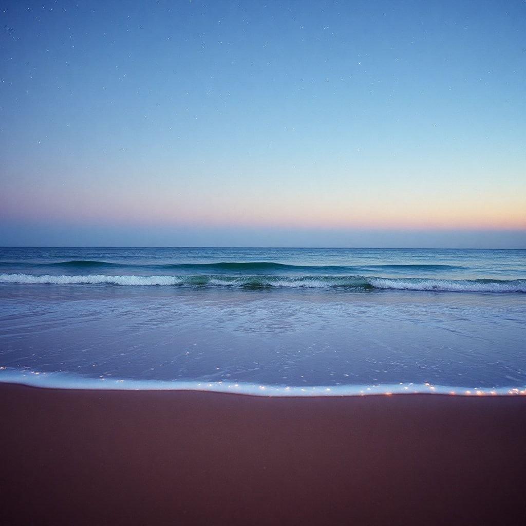 This beach scene captures the tranquility of the ocean at dusk, with the horizon line meeting a clear night sky above.