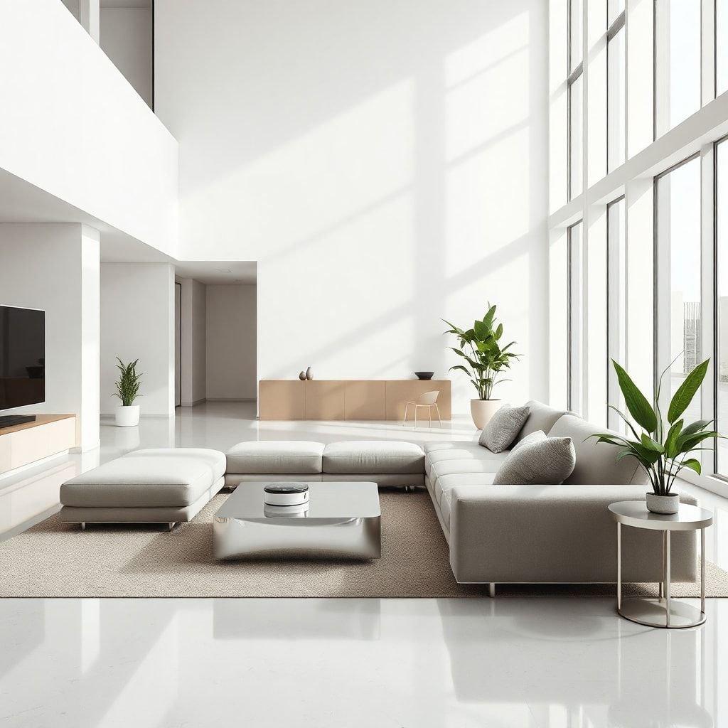 This modern living room features a sleek and minimalist design, perfect for those who want a clean and uncluttered space. The white walls and floor create a sense of brightness and airiness, while the gray couch and coffee table add a touch of sophistication.