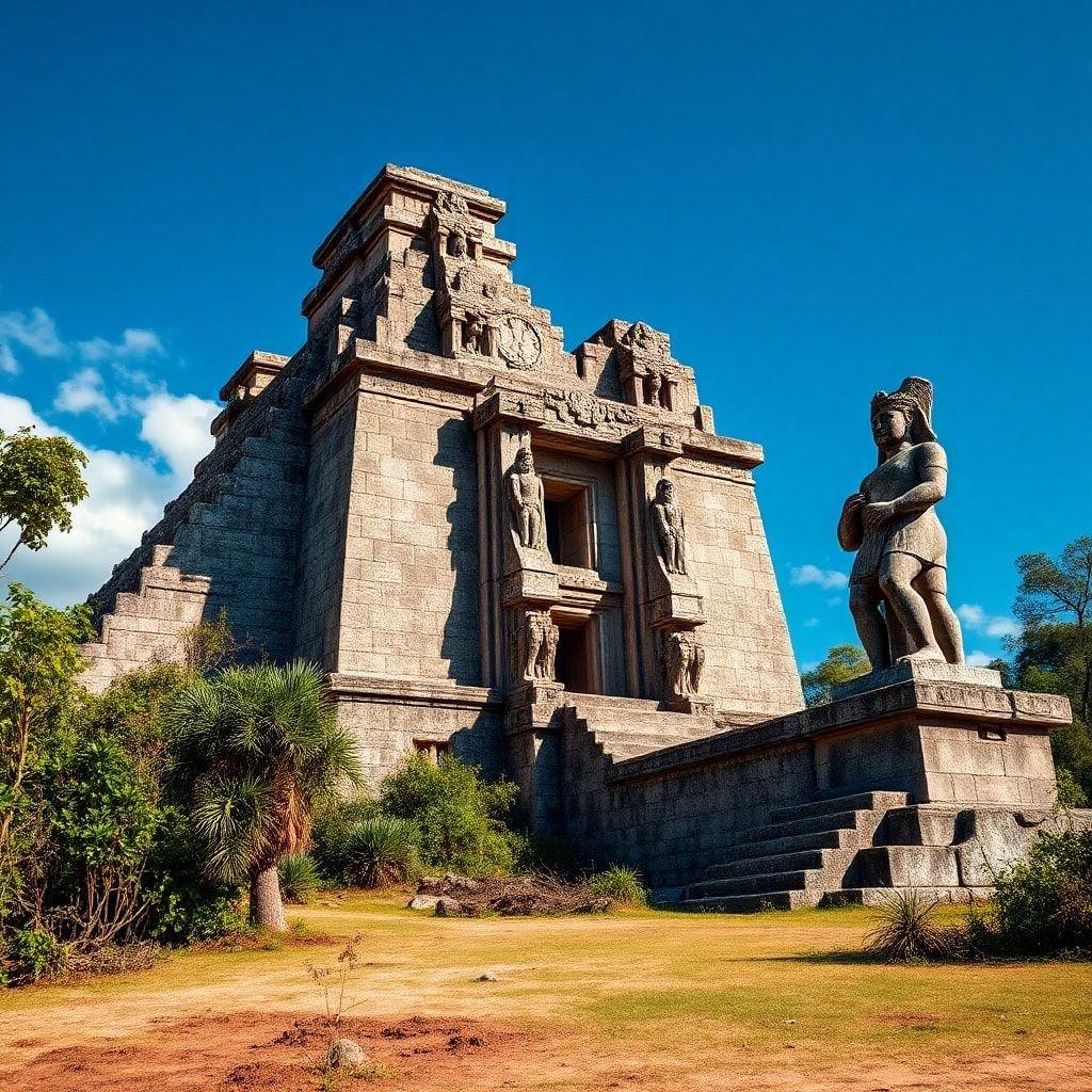 Explore the grandeur of ancient civilizations with this stunning view of Mayan ruins. The stone structure stands tall against the backdrop of a clear sky, offering a glimpse into their architectural prowess.