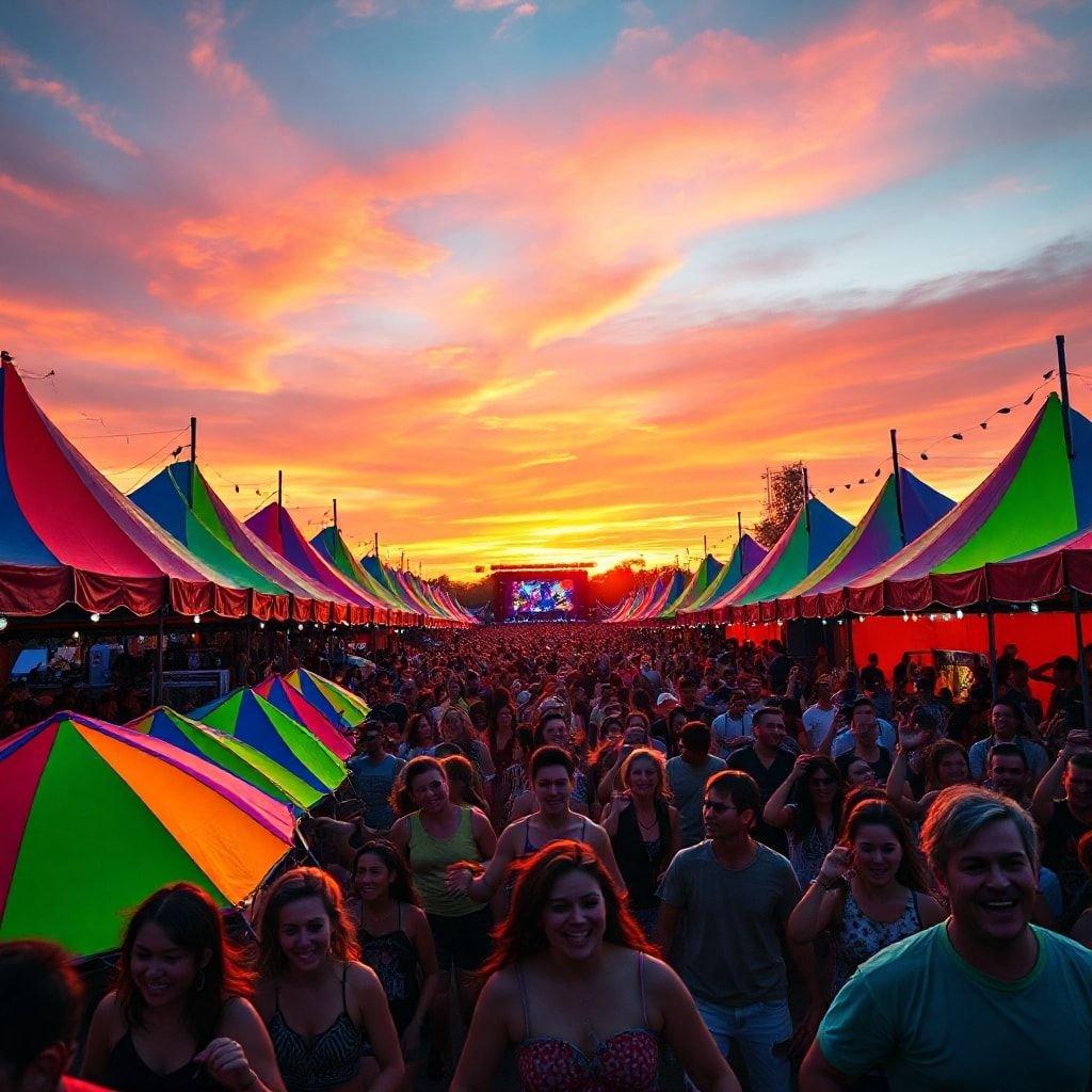 Crowd of people at an outdoor music festival during beautiful sunset with multi-colored tents creating a vibrant atmosphere