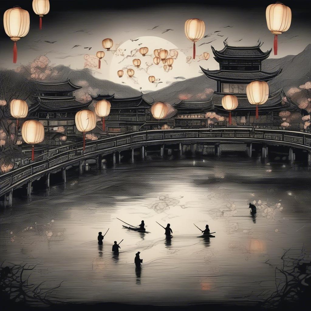 A serene scene of Chinese lanterns floating on the water, illuminating the tranquil night with their warm glow. People in boats celebrate the beauty and prosperity of a new year.