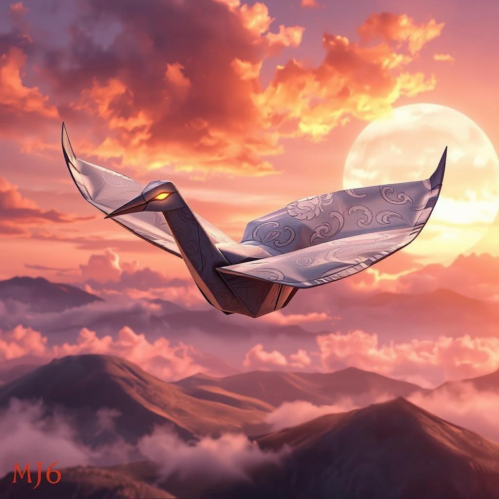 This wallpaper features an origami crane in flight, set against a serene anime-style landscape. The crane's intricate patterns and glowing yellow face add a touch of magic to the scene, while the warm orange and yellow hues of the sky create a sense of wonder and enchantment.