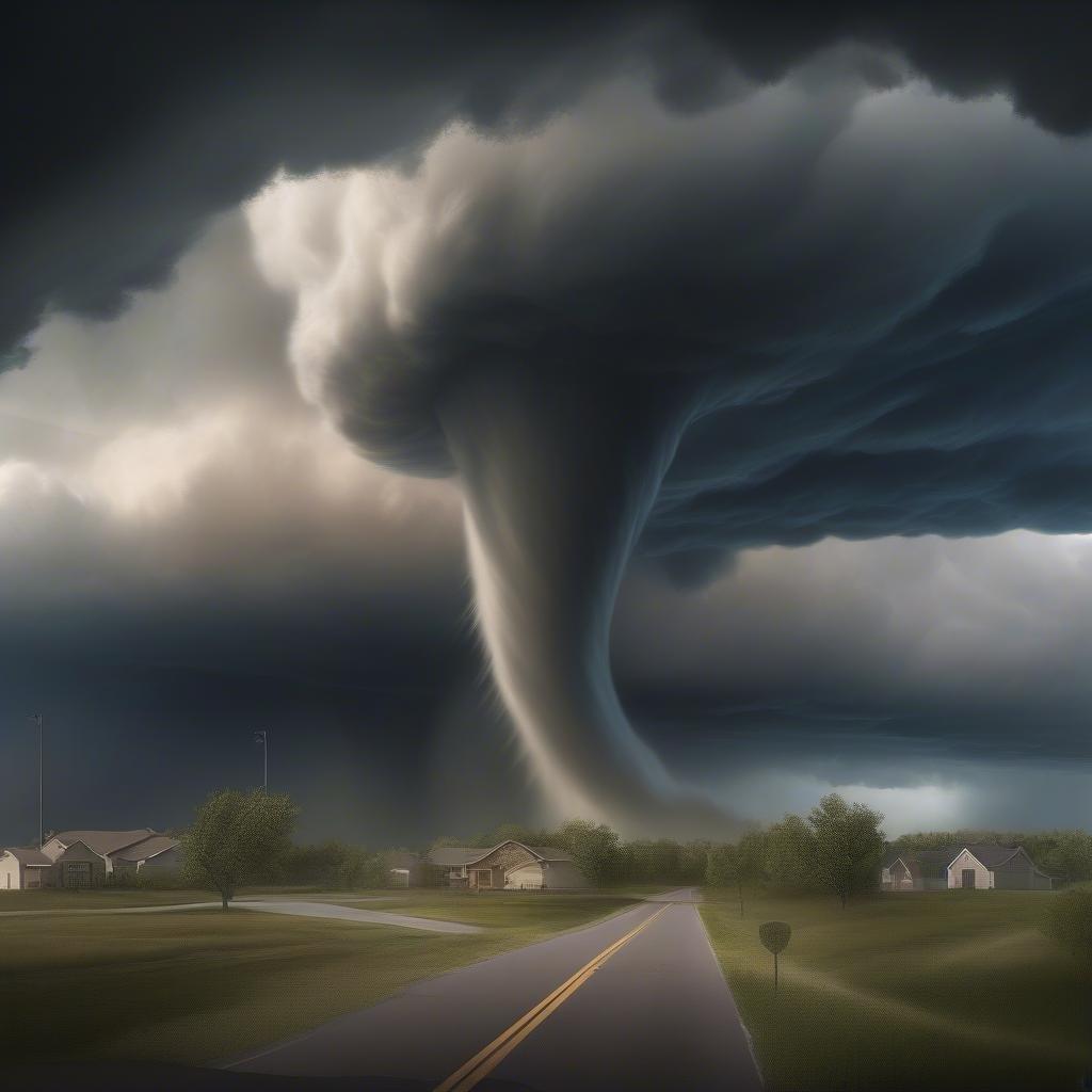 A dramatic scene capturing the intensity of an approaching storm. The sky is filled with dark, swirling clouds that portend the power of nature about to unleash a tornado. Power lines stretch into the distance, and homes peek out from behind trees. This image could be for a mobile or desktop wallpaper, under the category of 'Weather &#38; Sky'