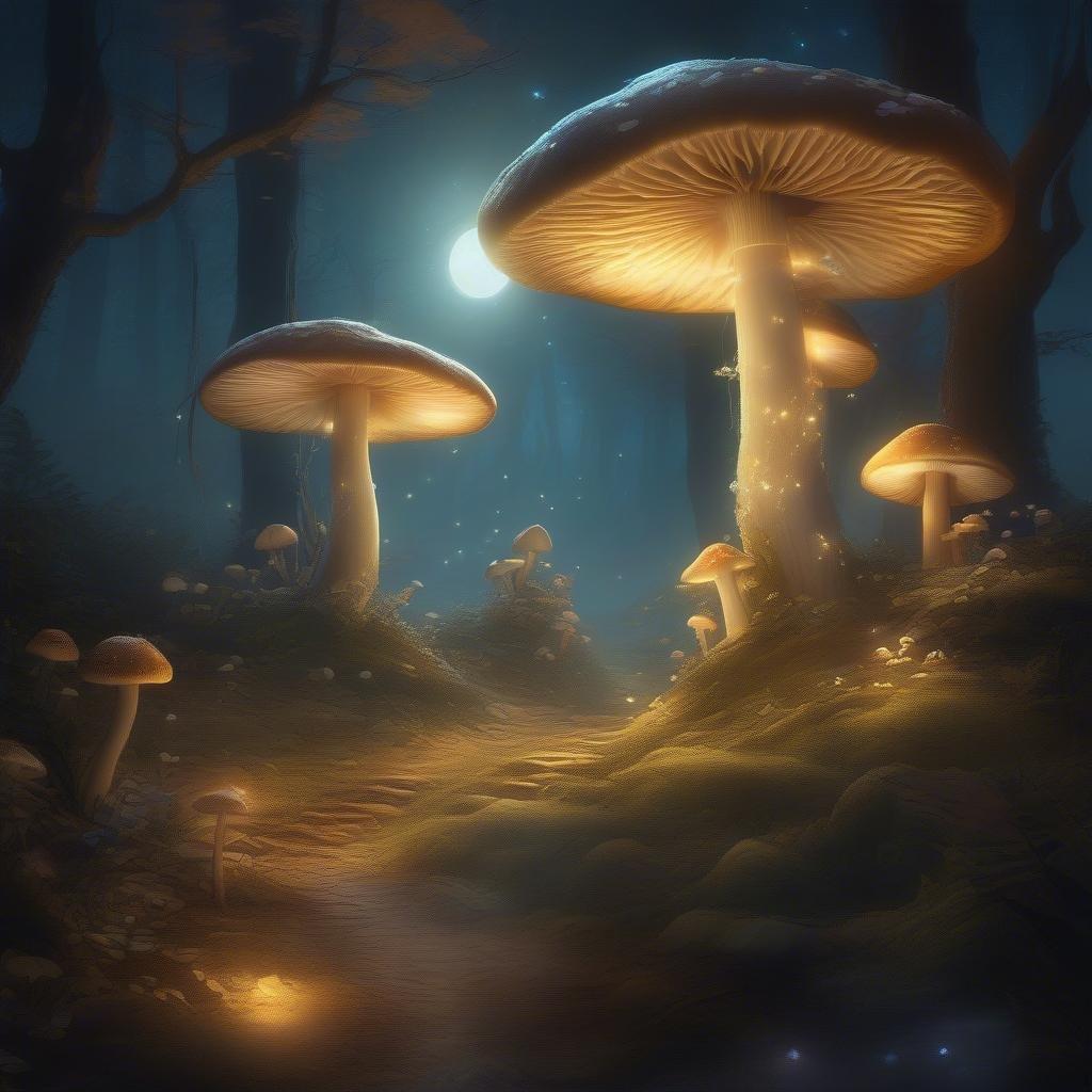 A captivating scene in the heart of a magical forest, where a group of enchanting mushrooms glow with ethereal light under the watchful gaze of a full moon.