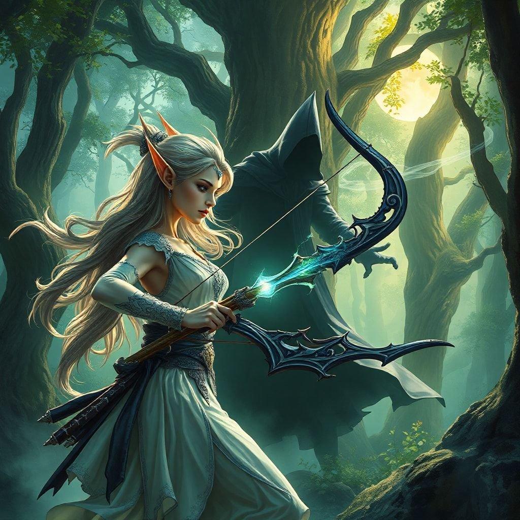 This fantasy elf archer is a stunning wallpaper for desktop and mobile use. The image features a beautiful elf with long hair and pointy ears, dressed in a flowing white dress, holding a bow and arrow. The elf is set against a backdrop of a fantasy forest, with tall trees and a misty atmosphere. The image is perfect for fans of fantasy and adventure, and would make a great addition to any device's wallpaper collection.