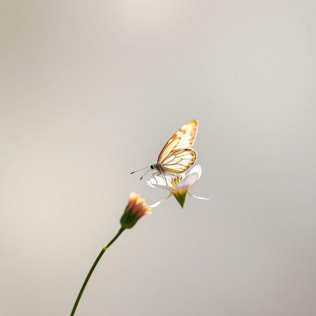 This minimalist wallpaper showcases the elegance of a single butterfly perched on a delicate stem, set against a soft blurred background. A harmonious balance between nature's subtle beauty and the tranquility it brings to our digital world.