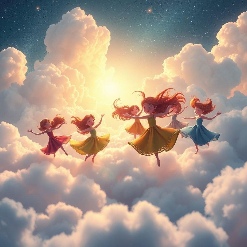 A group of magical girls flying high with joy, set against a serene night sky. Perfect for anyone who loves whimsical fantasy and digital art.