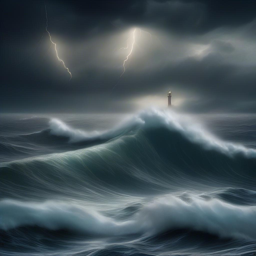 A dramatic ocean scene with waves crashing against a lighthouse during the dusk. The sky is darkened by an impending storm, creating a sense of drama and isolation for the beacon in the tumultuous seas.