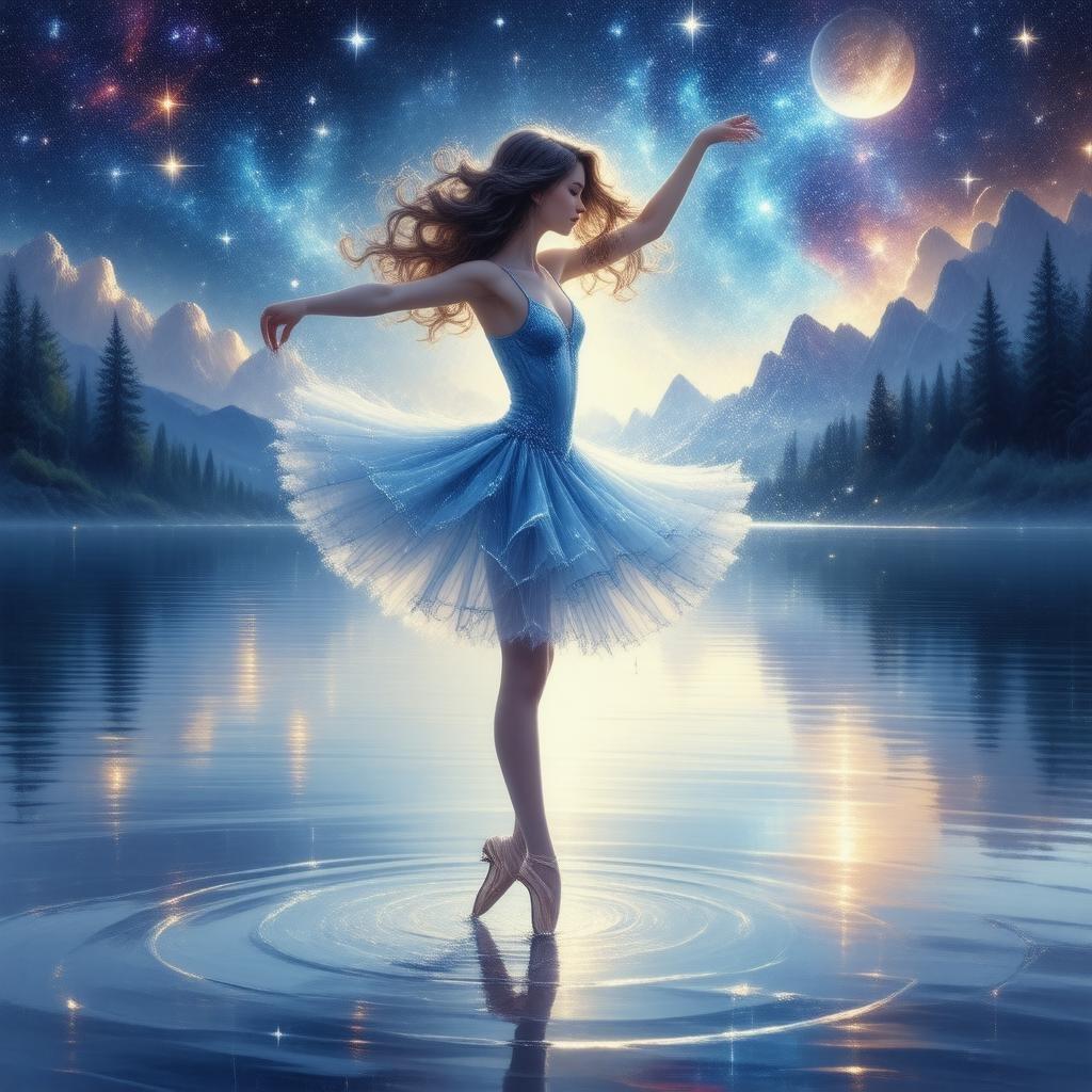 A captivating digital illustration of a ballerina dancing on a serene lake, surrounded by a vibrant sky with stars and planets, and her hair flowing gracefully in a kaleidoscope of blue and green hues.