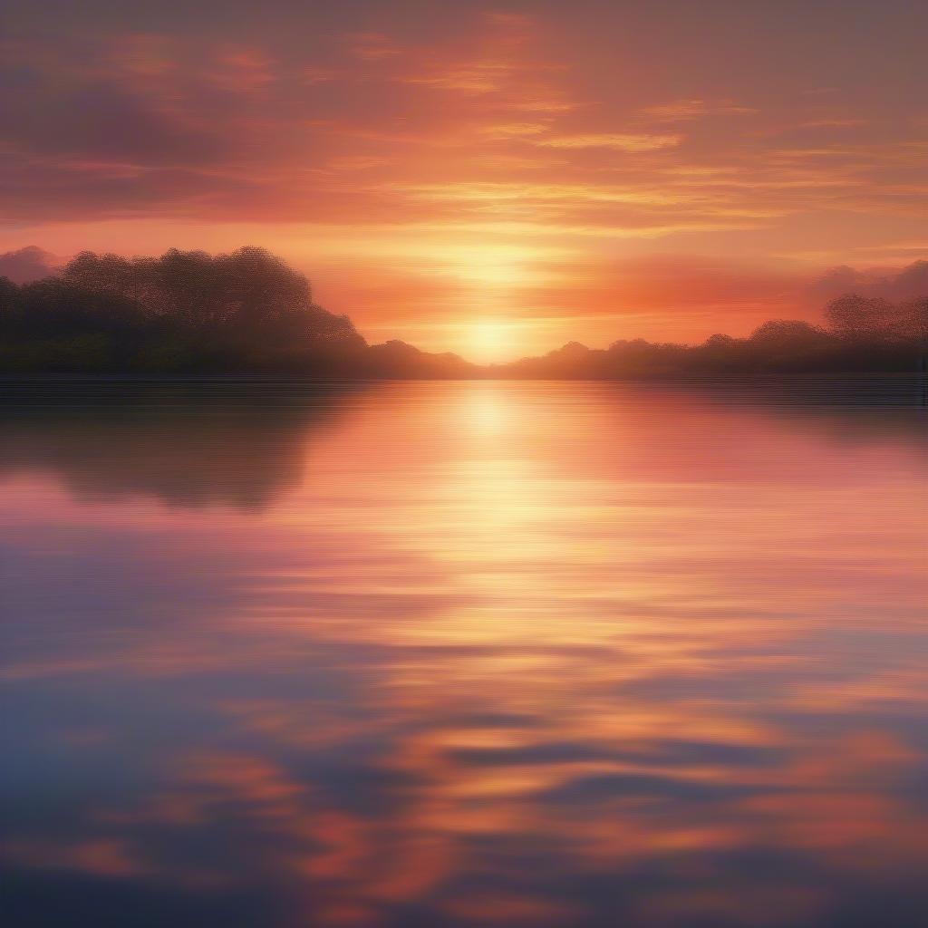 A serene evening scene with the sun dipping below the horizon, reflecting in a tranquil lake, creating a picturesque backdrop for celebrations or solitude.