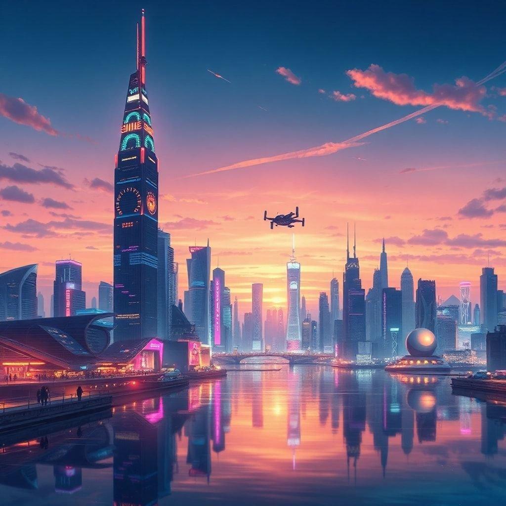 Immerse yourself in the vibrant world of anime with this stunning cityscape at dusk. The towering skyscrapers, adorned with neon lights, create a breathtaking backdrop that reflects off the calm body of water below.