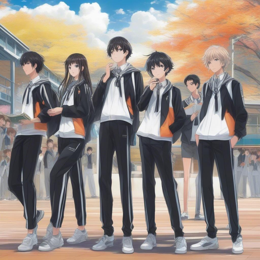 Questo affascinante sfondo mostra un gruppo di studenti delle scuole superiori nei loro uniformi bianchi e neri, trasformati in personaggi in stile anime. La scena è ambientata su uno sfondo di colori vivaci e dettagli intricati, catturando un momento di trasformazione e energia.