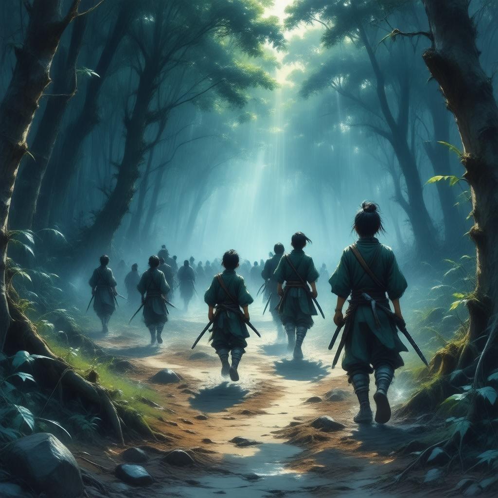 Get ready to immerse yourself in the world of stealth and adventure with this stunning anime wallpaper, featuring a group of young ninjas sneaking through the dense forest.