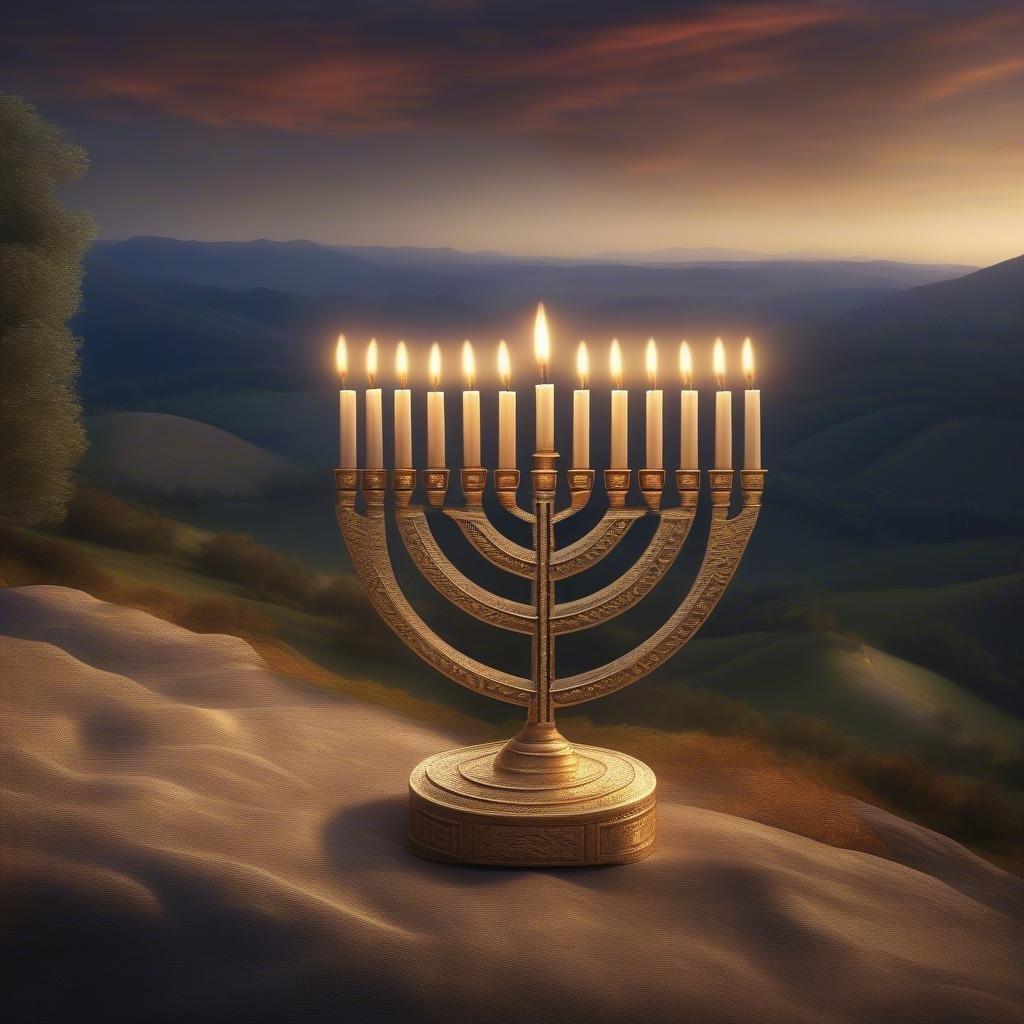 En gylden menorah, der lyser med ni lys mod en baggrund af bakker under en dramatisk himmel, som symboliserer Lysenes Festival og jødisk stolthed.