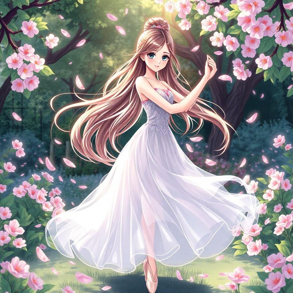 Dieser wunderschöne Wallpaper im Anime-Stil zeigt eine zarte Ballerina, die in einem friedlichen Garten tanzt, umgeben von Kirschblütenblättern.