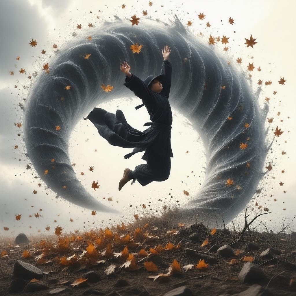 A dynamic scene where a young ninja skillfully navigates through the fierce whirlwind of autumn leaves, showcasing agility and focus amidst nature's fury.