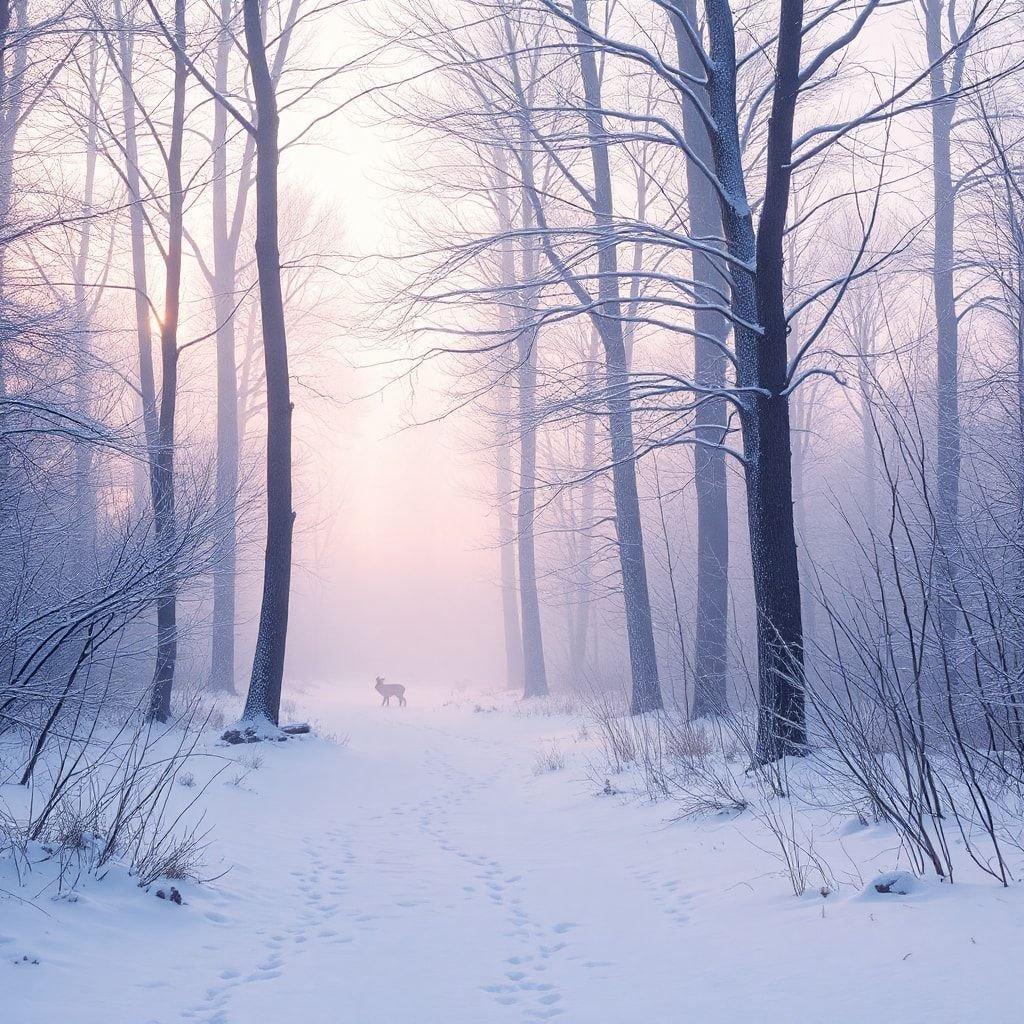 This image captures the serene beauty of a snowy forest path, where winter's touch has transformed the landscape into a magical setting. The foggy mist and the soft light filtering through the trees create a sense of tranquility and wonder. It's a scene that could only be described as otherworldly.