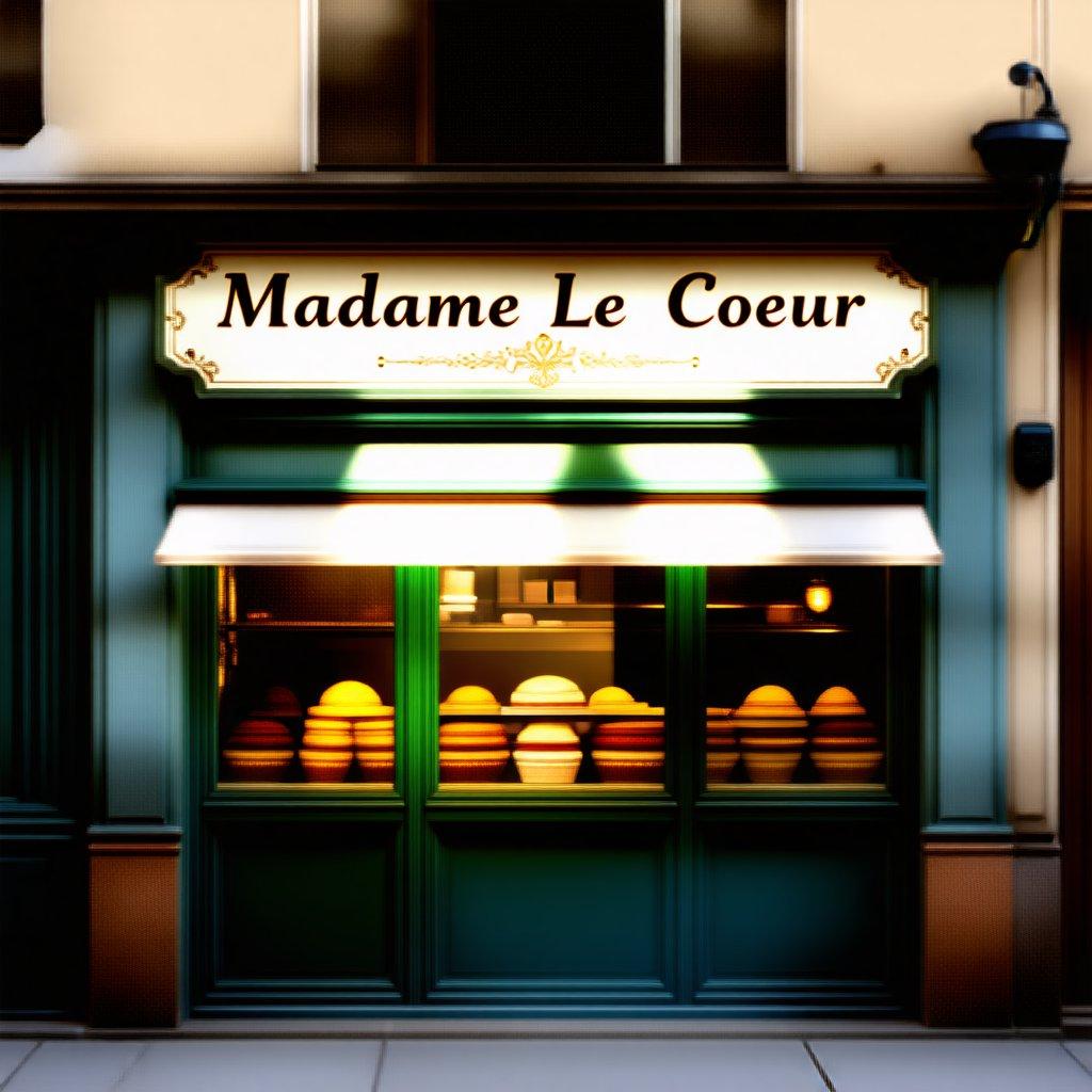 This image captures the charming Madame le Cœur patisserie at dusk, with its warmly lit display case and quaint storefront inviting passersby to indulge in some sweet treats.