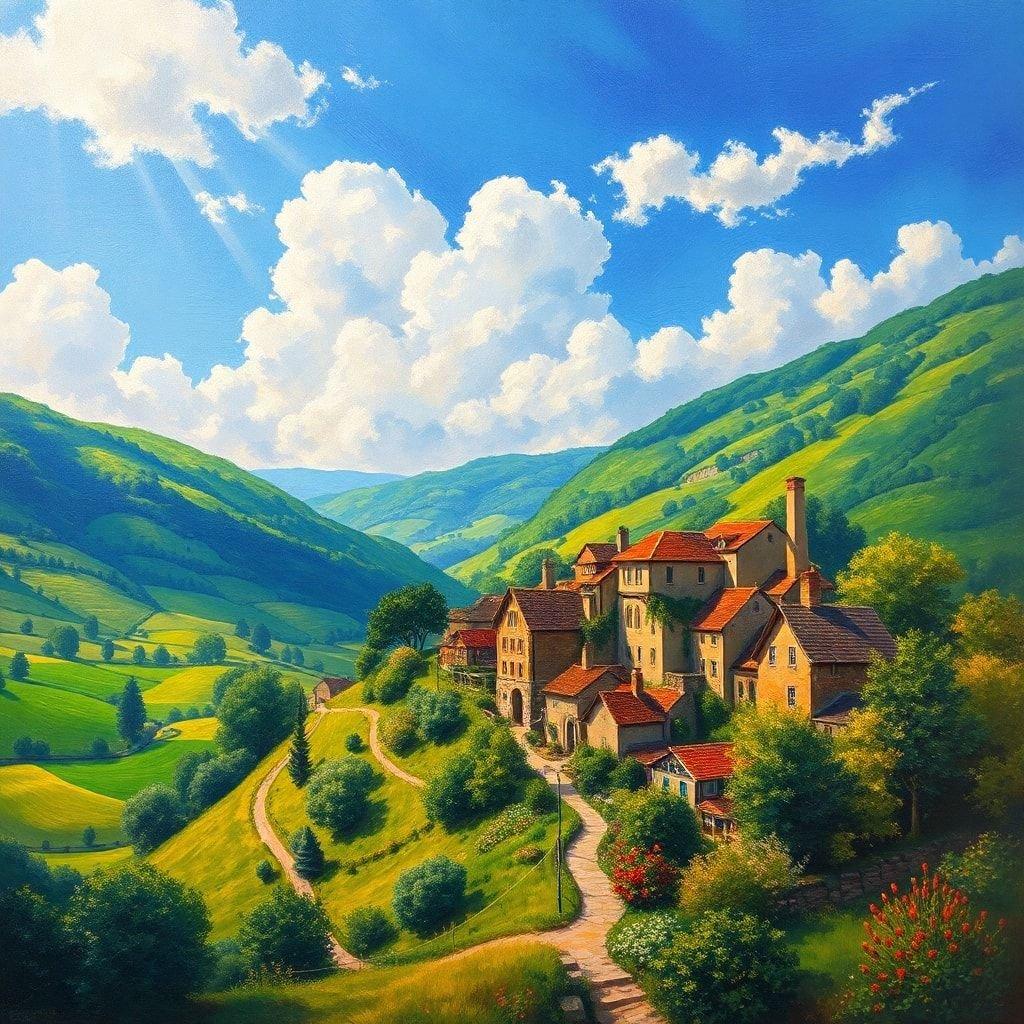 This stunning landscape wallpaper features a picturesque scene of rolling hills and a quaint village, perfect for adding a touch of nature to your desktop or mobile device.