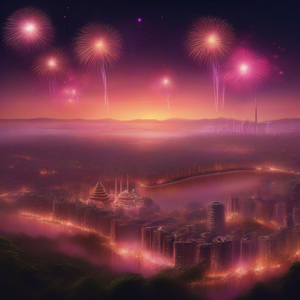 The image captures the vibrant and festive spirit of Diwali, the Hindu festival of lights. The fireworks display is set against a backdrop of a city skyline, creating a stunning visual effect. The image conveys the joy and celebration that is characteristic of Diwali, making it a perfect representation of the holiday.