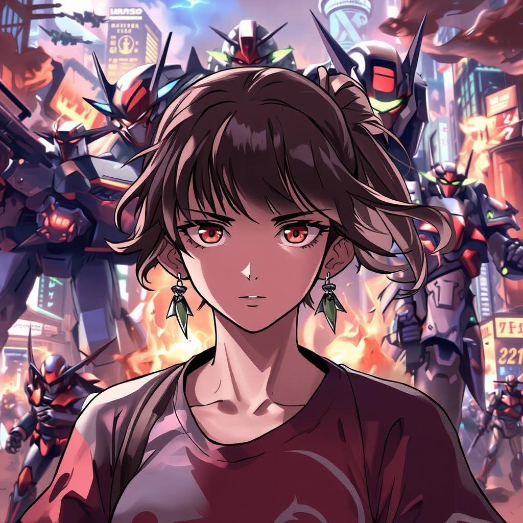 This anime-style wallpaper features a girl in the foreground with a determined gaze, surrounded by giant robots in the background. The scene captures a moment of tranquility and determination.