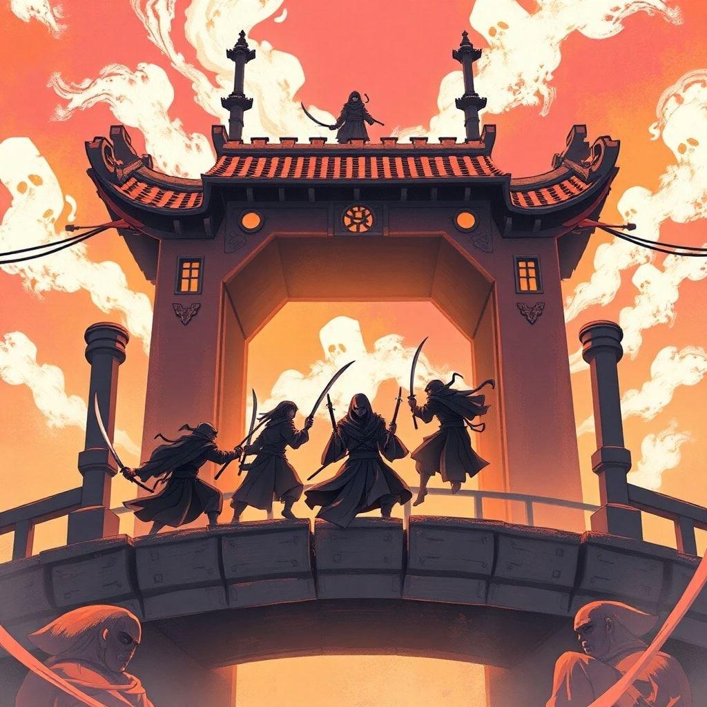 Get ready for an epic battle as a group of ghostly ninja warriors clash across a haunted bridge in this stunning anime wallpaper.