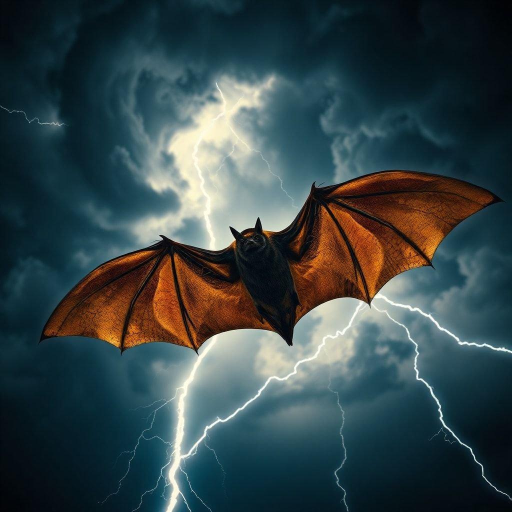 Amidst the tumultuous skies, this bat soars with mystic grace. Its wings spread wide, embracing the stormy elements that surround it.