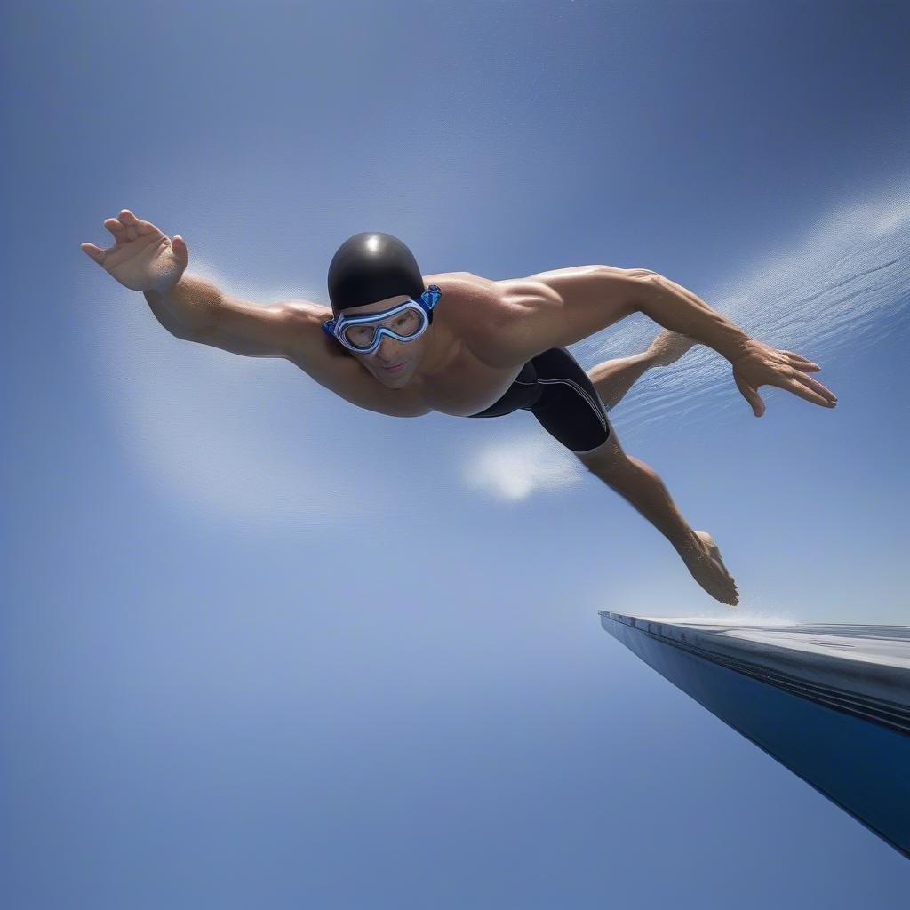 An exhilarating dive from a high diving board into clear blue waters.