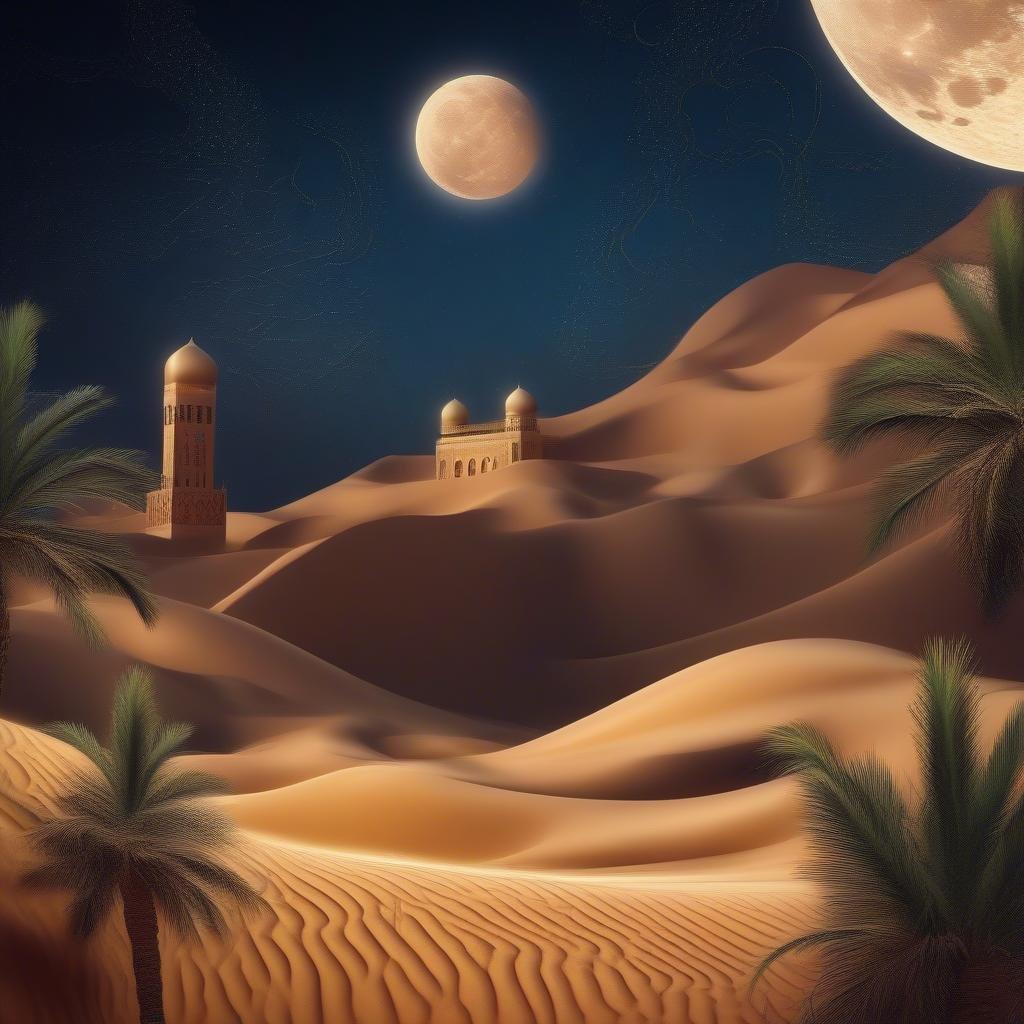 A serene view of the desert at night, with a large full moon illuminating the landscape. The image captures the tranquility and beauty of this vast sandy expanse, accentuated by the architectural marvels in the background.