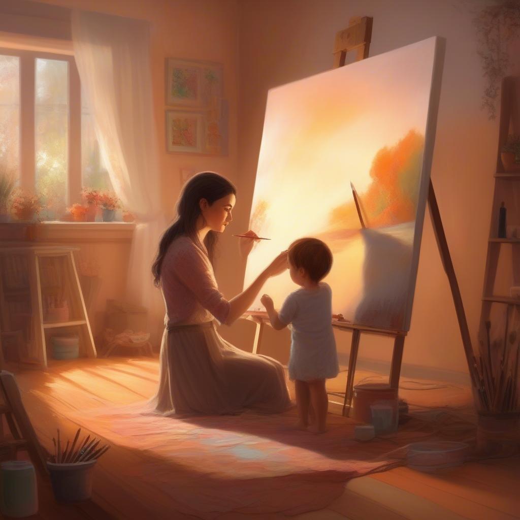 A heartwarming scene of a mother and child painting together in the sunlit room, celebrating Mother's Day with creativity.