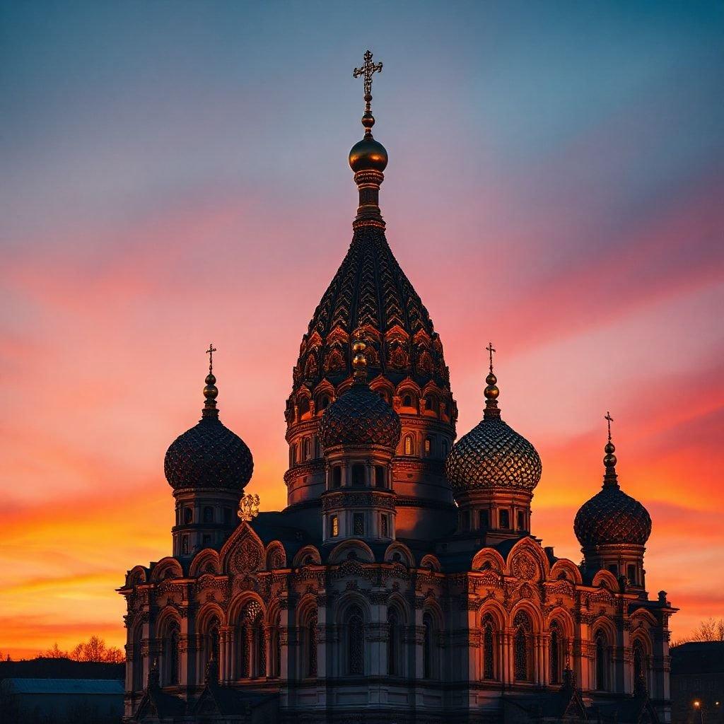 A majestic view of the Moscow Kremlin as the sun sets, capturing the vibrant colors of dusk. The golden cross on the Cathedral of Vasily the Blessed stands out against the twilight sky.