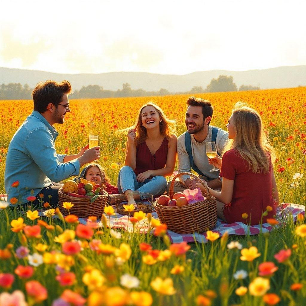 A family enjoying a picnic in a beautiful field of flowers, surrounded by nature's beauty.