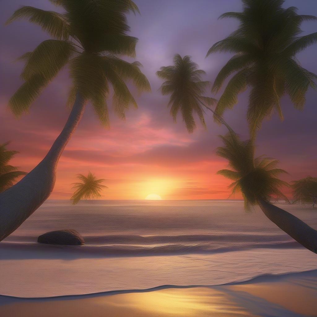 This serene beach sunset scene captures the warm glow of the setting sun, with palm trees framing the horizon and the ocean's gentle waves lapping at your feet. Perfect for a relaxing desktop background or a tranquil mobile lock screen.