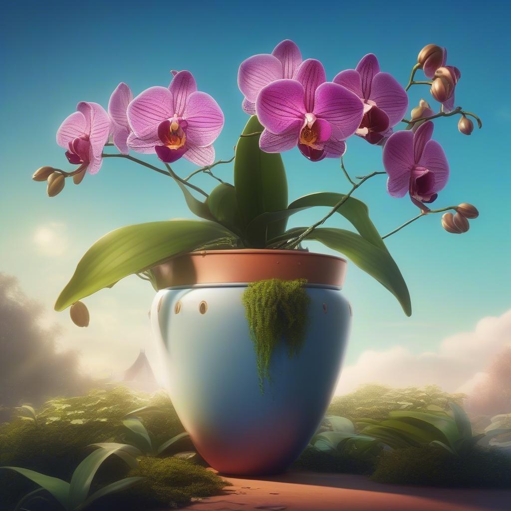 A close-up view of vibrant purple orchids in a blue pot on a lush green surface, exuding tranquility and elegance. Perfect for desktop and mobile inspiration.