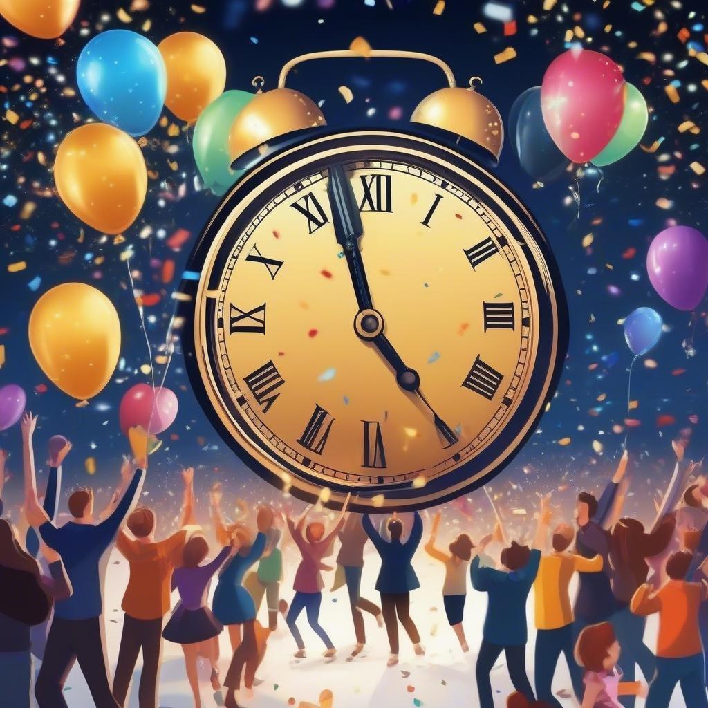 Ring in the new year with this vibrant wallpaper, featuring a large clock counting down to midnight amidst a sea of balloons and confetti.