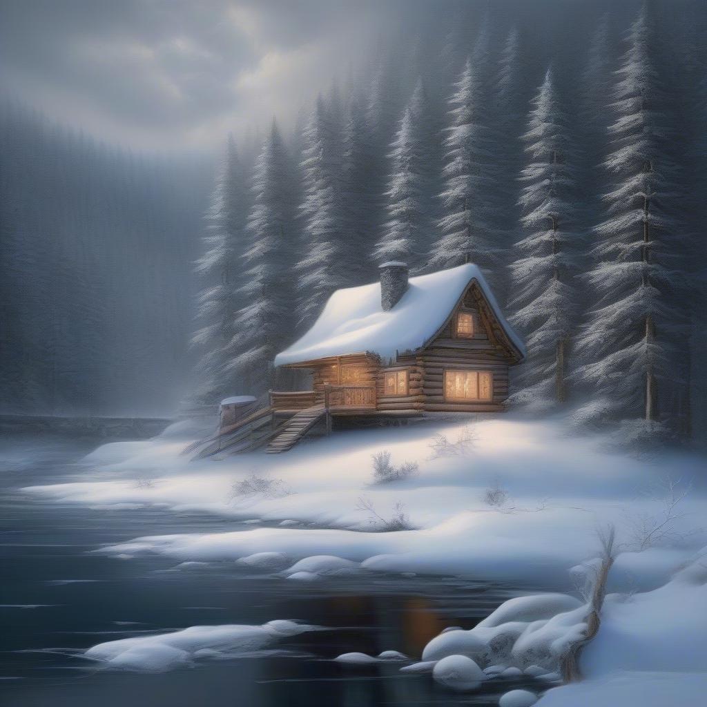 This serene snowy scene captures the coziness of a cabin nestled in a mountain valley, perfect for a warm drink and a good book.