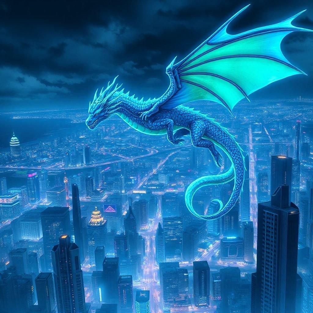 Erleben Sie den Nervenkitzel eines anderen Abenteuers in dieser atemberaubenden digitalen Illustration. Ein majestätischer Drache mit lebendigen Blau- und Grüntönen schwebt über einer weitläufigen Stadtlandschaft, seine Flügel weit gegen den dunklen Himmel ausgebreitet. Neonlichter beleuchten die Szene von unten und werfen einen ätherischen Glanz auf die hohen Wolkenkratzer im Hintergrund. Die dynamische Bewegung des Drachen steht im Kontrast zu den statischen Strukturen der Stadt und schafft eine Szene, die sowohl fantastisch als auch fesselnd ist.