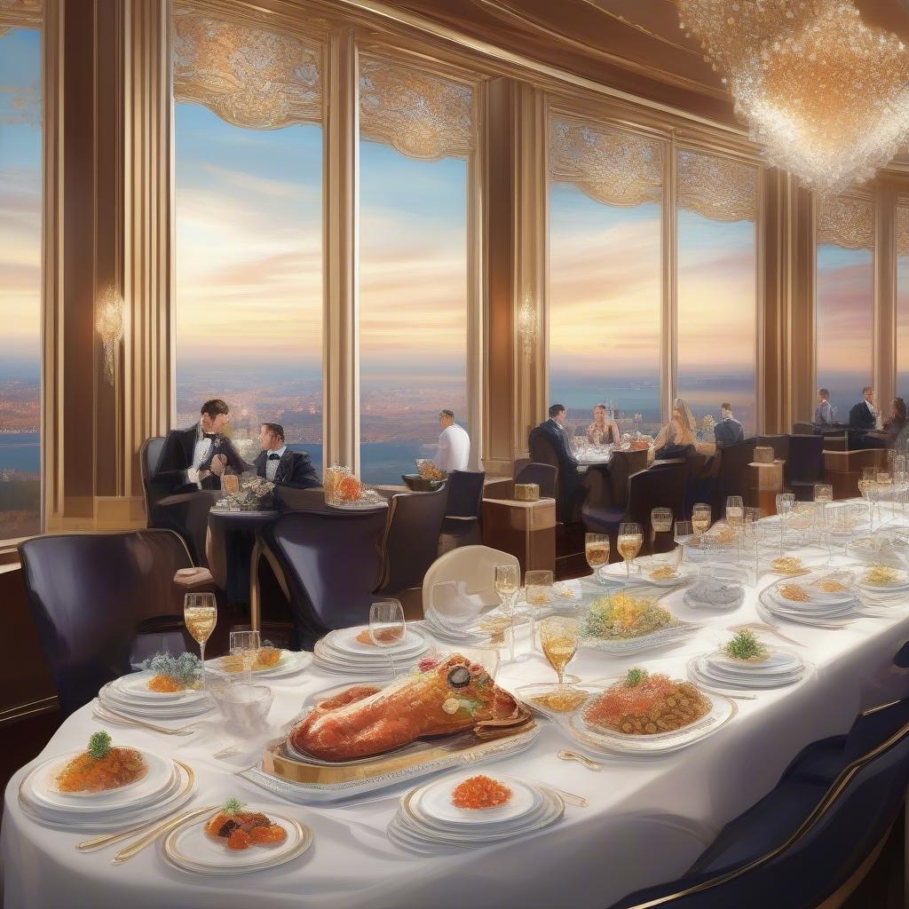 Une soirée de sophistication, avec un arrière-plan de skyline époustouflant au coucher du soleil. Profitez d'une expérience gastronomique sur cette somptueuse table dressée pour un festin.