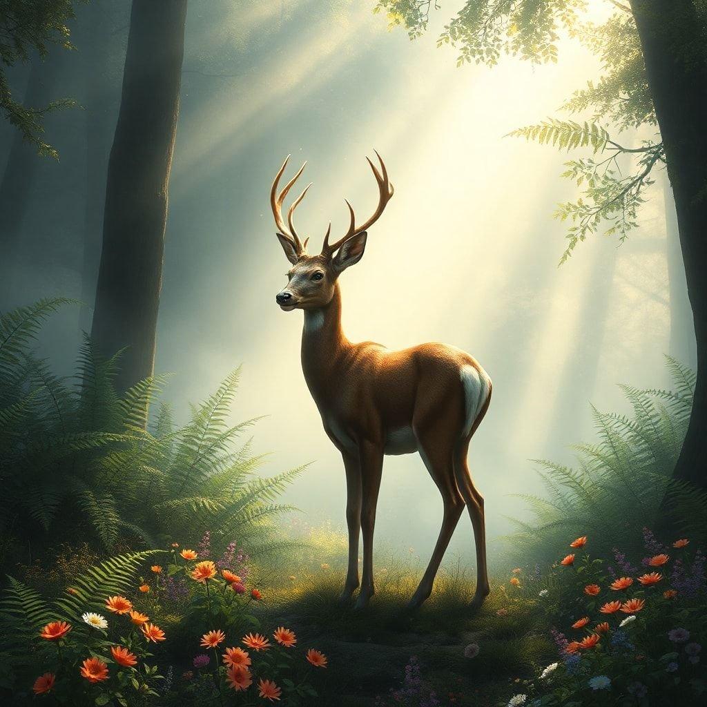 This serene wallpaper features a majestic deer standing amidst a lush forest, surrounded by vibrant flowers and towering trees. The soft lighting and detailed illustration create a peaceful atmosphere, perfect for desktop and mobile backgrounds.