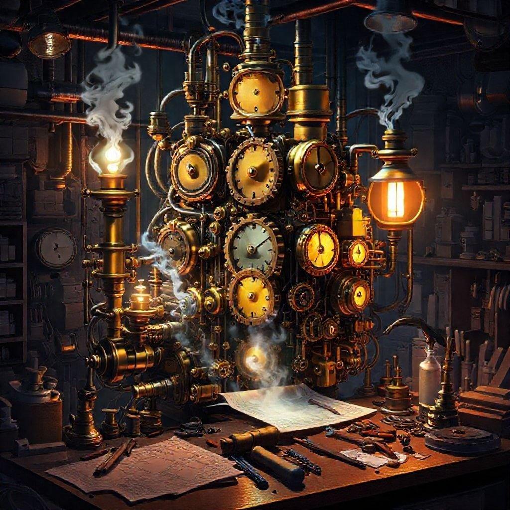 Karanlık bir laboratuvar ortamında steampunk ve endüstriyel tasarımın büyüleyici bir birleşimi, karmaşık bir saat mekanizması hayal gücünü yakalar.