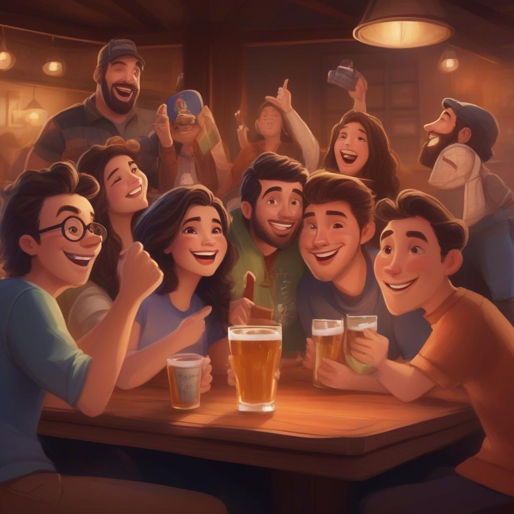 A group of family and friends are gathered around the table, celebrating with their dads. A casual gathering with hearty laughter, toasting, and sharing stories. A delightful illustration for a Father's Day wallpaper.