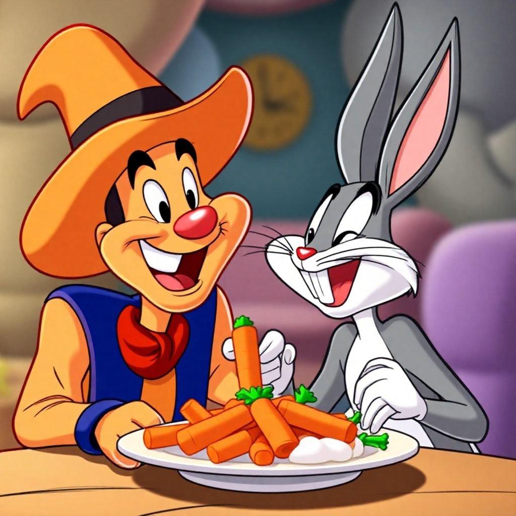 Bugs Bunny and Tom Cat share a moment of culinary delight with a plate full of magically delicious carrots.