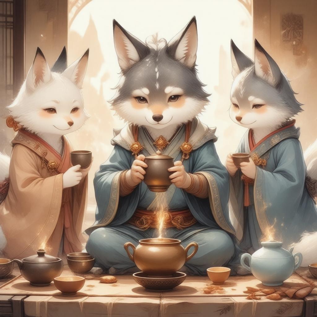 Immerse yourself in the serene beauty of an anime-inspired tea ceremony, where animal-like spirits come together to create a moment of tranquility and connection.